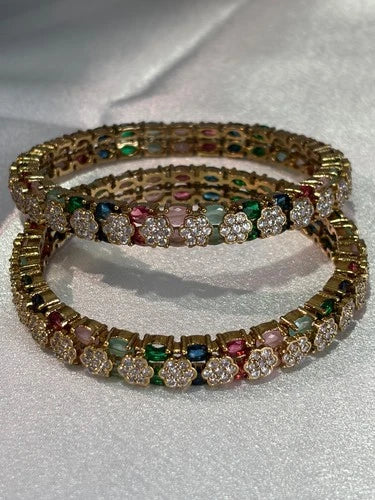 Multicolor CZ Flower Gold Tone Bangle Set Size 2.10 Indian Pakistani Jewelry