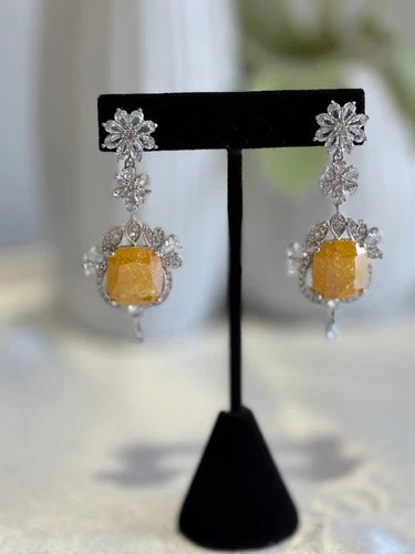 Yellow Stone CZ Silver Tone Drop Earrings Pakistani Indian Statement Jewelry