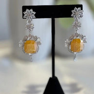 Yellow Stone CZ Silver Tone Drop Earrings Pakistani Indian Statement Jewelry