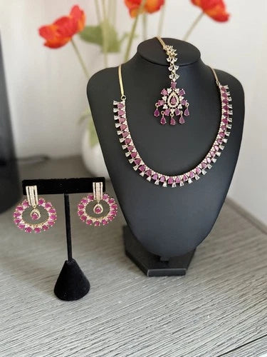Pink CZ Gold Tone Necklace Earrings Tikka Set Indian Pakistani Bridal Jewelry