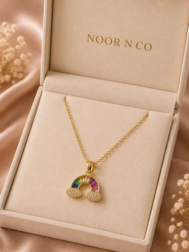 Gold Tone Rainbow Pendant Necklace Multicolor Crystal Look Cloud Fashion Jewelry