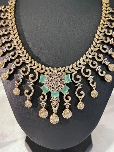 Gold Tone Mint Green CZ Necklace Earrings Set Indian Pakistani Bridal Jewelry