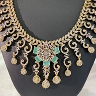 Gold Tone Mint Green CZ Necklace Earrings Set Indian Pakistani Bridal Jewelry
