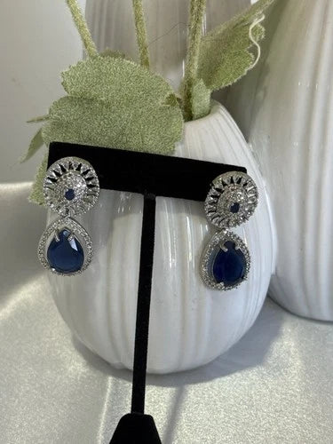 Sapphire Blue CZ Teardrop Earrings Silver Tone Party Jewelry