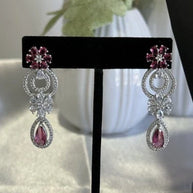 Pink Crystal CZ Necklace & Earrings Set Silver Tone Wedding Jewelry