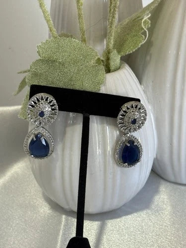 Sapphire Blue CZ Teardrop Earrings Silver Tone Party Jewelry