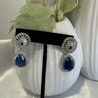 Sapphire Blue CZ Teardrop Earrings Silver Tone Party Jewelry