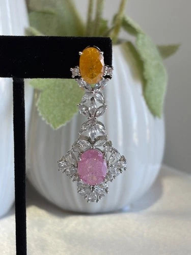 Yellow Pink CZ Silver Tone Drop Earrings Pakistani Indian Statement Jewelry