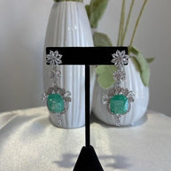 Mint Green CZ Silver Tone Drop Earrings Pakistani Indian Statement Jewelry