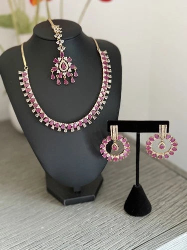Pink CZ Gold Tone Necklace Earrings Tikka Set Indian Pakistani Bridal Jewelry