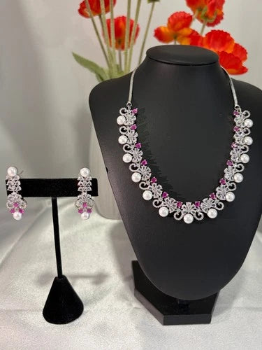 Pink Pearl CZ Silver Tone Necklace Earrings Set Indian Pakistani Bridal Jewelry
