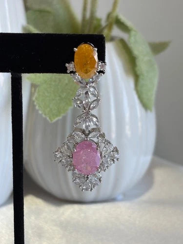 Yellow Pink CZ Silver Tone Drop Earrings Pakistani Indian Statement Jewelry