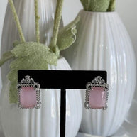 Baby Pink CZ Rectangle Stud Earrings Silver Tone Party Jewelry
