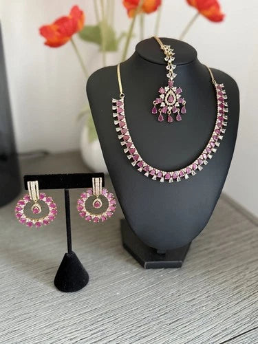 Pink CZ Gold Tone Necklace Earrings Tikka Set Indian Pakistani Bridal Jewelry