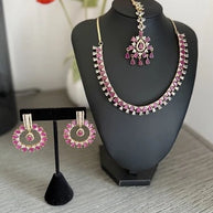 Pink CZ Gold Tone Necklace Earrings Tikka Set Indian Pakistani Bridal Jewelry