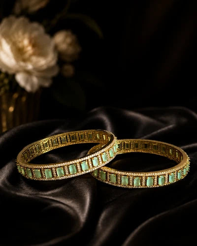 Mint Green CZ Gold Tone Bangle Bracelet Set of 2 Indian Pakistani Jewelry 2.10