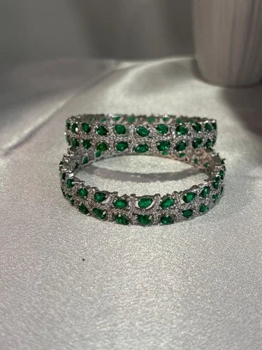 Emerald Green Silver Tone CZ Bangle Set Indian Pakistani Bridal Jewelry