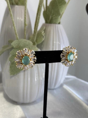 Mint Green CZ Round Stud Earrings Gold Tone Party Jewelry