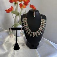 Pastel Pink Mint CZ Necklace Earrings Tikka Set Gold Tone Jewelry