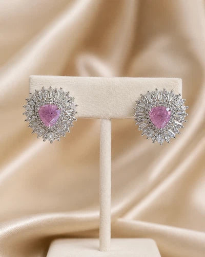 Pink & Green Stone Halo Stud Earrings Silver Tone CZ Statement Jewelry