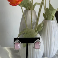 Baby Pink CZ Rectangle Stud Earrings Silver Tone Party Jewelry