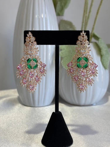 Green Pink CZ Gold Tone Chandelier Earrings Pakistani Indian Bridal Jewelry