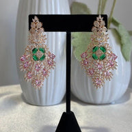 Green Pink CZ Gold Tone Chandelier Earrings Pakistani Indian Bridal Jewelry