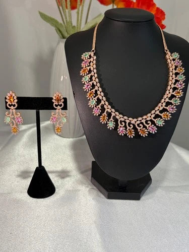 Rose Gold Multicolor CZ Necklace Earrings Set Indian Pakistani Bridal Jewelry