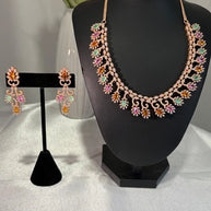 Rose Gold Multicolor CZ Necklace Earrings Set Indian Pakistani Bridal Jewelry