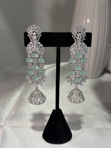 Mint Green CZ Silver Tone Chandelier Jhumka Earrings Pakistani Indian Jewelry
