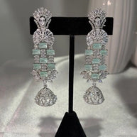 Mint Green CZ Silver Tone Chandelier Jhumka Earrings Pakistani Indian Jewelry