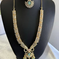 Gold Tone Mint Pink CZ Necklace Earrings Tikka Pakistani Jewelry Set
