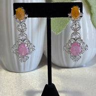Yellow Pink CZ Silver Tone Drop Earrings Pakistani Indian Statement Jewelry
