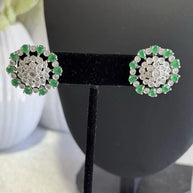 Emerald Green CZ Floral Stud Earrings Silver Tone Party Jewelry