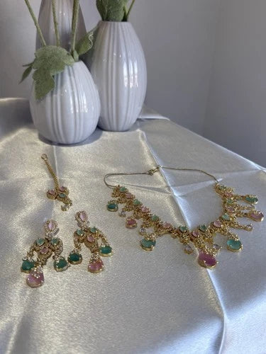 Pastel Pink Mint Gold Tone Necklace Earrings Tikka Pakistani Jewelry Set