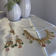 Pastel Pink Mint Gold Tone Necklace Earrings Tikka Pakistani Jewelry Set