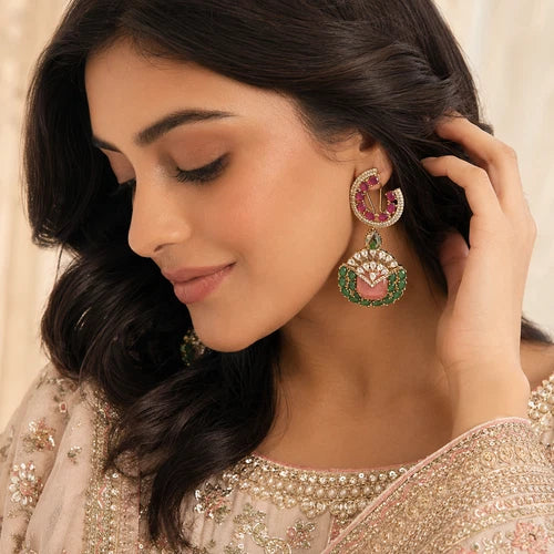 Luxury Pink & Green Statement Earrings | Pakistani Jewelry | Bridal Earrings