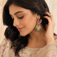 Luxury Pink & Green Statement Earrings | Pakistani Jewelry | Bridal Earrings