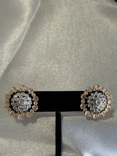 Baby Pink CZ Floral Stud Earrings Gold Tone Party Jewelry