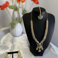 Gold Tone Mint Pink CZ Necklace Earrings Tikka Pakistani Jewelry Set