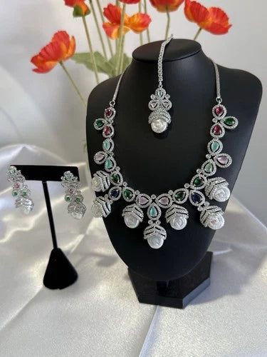 Multicolor CZ Pearl Necklace Earrings Tikka Set Silver Tone Jewelry