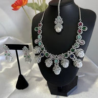 Multicolor CZ Pearl Necklace Earrings Tikka Set Silver Tone Jewelry