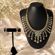 Gold Tone Mint Green CZ Necklace Earrings Set Indian Pakistani Bridal Jewelry