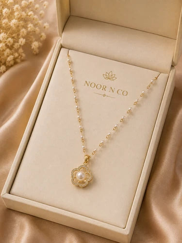 Gold Tone Flower Pendant Necklace Pearl Look Center Sparkling Fashion Jewelry