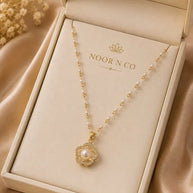 Gold Tone Flower Pendant Necklace Pearl Look Center Sparkling Fashion Jewelry