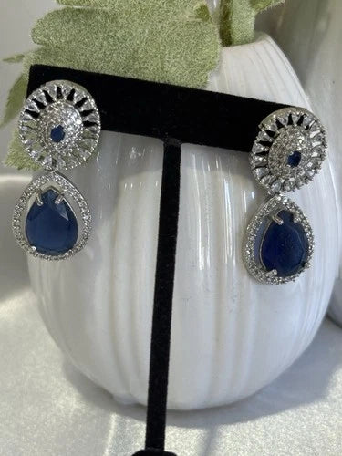 Sapphire Blue CZ Teardrop Earrings Silver Tone Party Jewelry