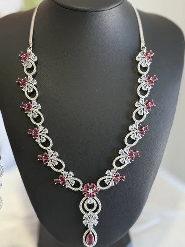 Pink Crystal CZ Necklace & Earrings Set Silver Tone Wedding Jewelry