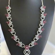 Pink Crystal CZ Necklace & Earrings Set Silver Tone Wedding Jewelry