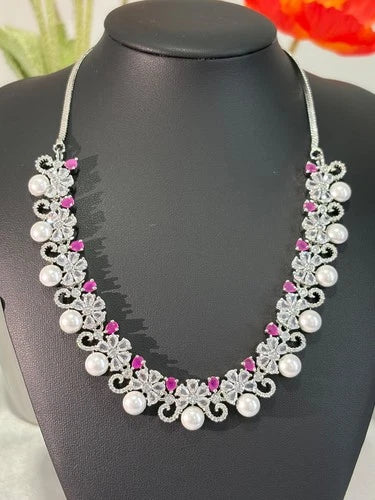 Pink Pearl CZ Silver Tone Necklace Earrings Set Indian Pakistani Bridal Jewelry
