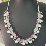 Pink Pearl CZ Silver Tone Necklace Earrings Set Indian Pakistani Bridal Jewelry